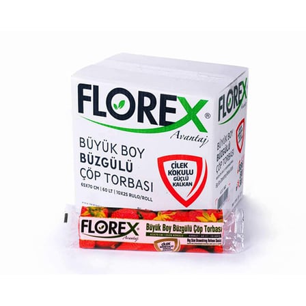 Florex 502 Büzgülü Çöp Torbası Büyük Boy 65x70 cm 10'lu - Çilek Kokulu- 25'li Paket
