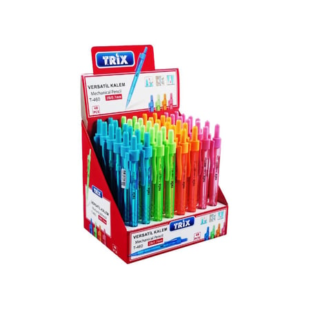 TRİX T-460 2B 0.7mm Versatil Uçlu Kalem Renkli Şeffaf Gövde & Uzun Silgi- 48'li Paket