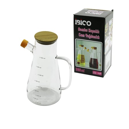 İbico İ22-149 Cam Yağdanlık 900ml (Bambu Kapaklı & Ölçekli)- 24'li Paket