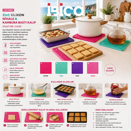 İbico İ22-084 Kare 2'li Silikon Nihale ve Kambura Bastı Kalıp 17x17cm- 12'li Paket