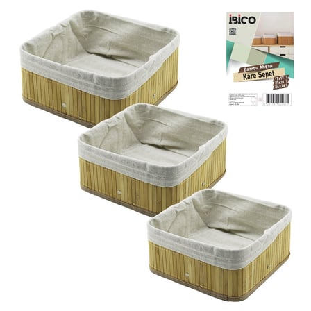 İbico İ12-067 Kare Bambu Kenar Organizer Sepet Seti 3 Boy Ahşap Altlık Bezli