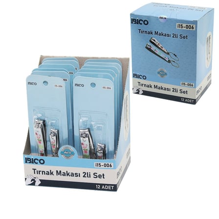 İbico İ15-006 2'li Renkli Desenli Tırnak Makası Seti (Büyük ve Küçük)- 12'li Paket