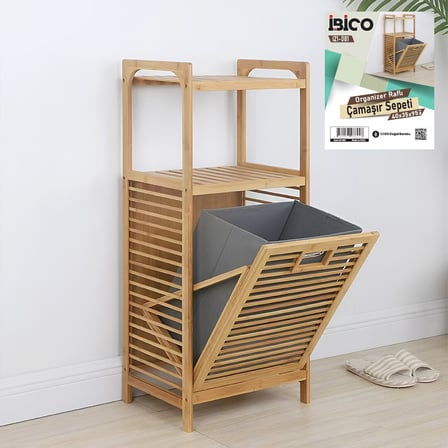 İbico İ21-081 2 Katlı Organizatör Raflı Kalın Ahşap Bambu Kirli Çamaşır Sepeti (40x35x95 cm)
