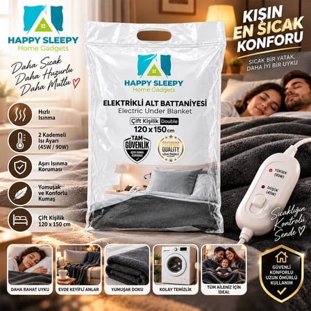 Happy Sleepy Home Gadget Elektrikli Battaniye Çift Kişilik - 120x150 cm 45/90W 220V- 9'li Paket
