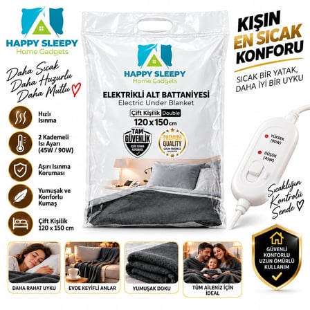 Happy Sleepy Home Gadget Elektrikli Battaniye Çift Kişilik - 120x150 cm 45/90W 220V- 9'li Paket