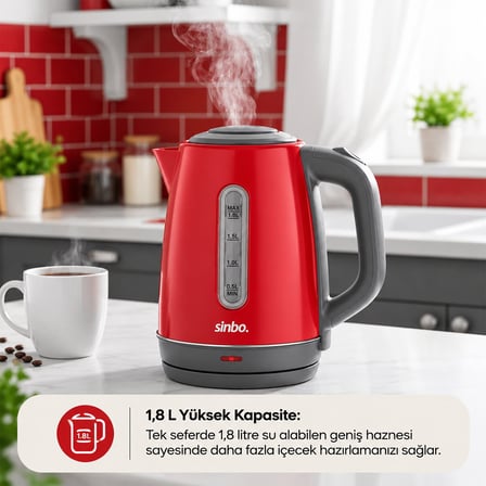 Sinbo SK-8031 Kırmızı Çelik Kettle Su Isıtıcısı 1.8L Kablosuz Kullanım