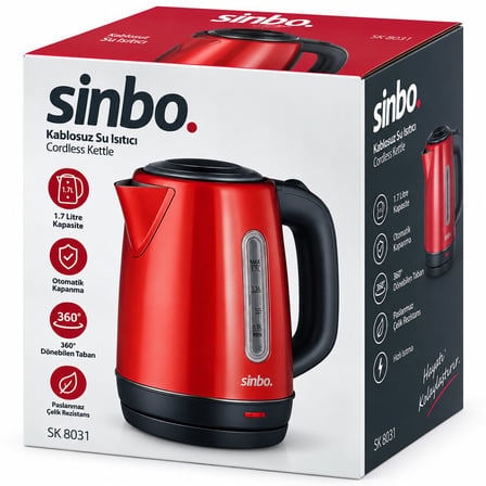 Sinbo SK-8031 Kırmızı Çelik Kettle Su Isıtıcısı 1.8L Kablosuz Kullanım