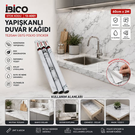 İbico İ13-075 Beyaz Mermer Desenli Tezgah Üstü Folyo Sticker 2m x 60cm