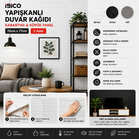 Yakut-11293 70x77cm Kabartma & Köpük Panel Tuğla Desen Beyaz Yapışkanlı Duvar Kağıdı- 60'li Paket