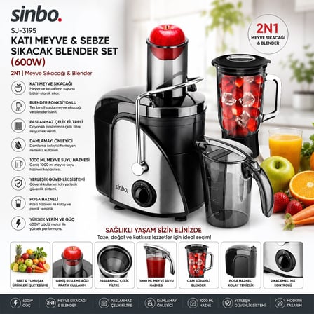 Sinbo SJ-3195 Katı Meyve ve Sebze Sıkacak Blender Seti 600W