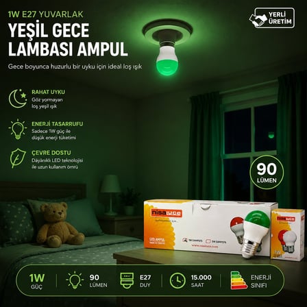 Nisaluce EAMP-075 1W E27 Yeşil Yuvarlak Gece Lambası LED Ampul- 10'li Paket