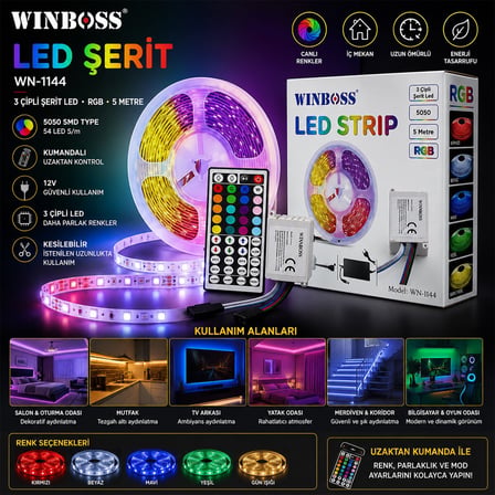 Winnboss Strip Light WN-1144 RGB Kumandalı Şerit LED 5 mt - 3 Çip, 5050 SMD, 54 LED/m