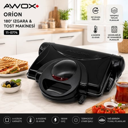 Awox Orion Elektrikli Tost Makinesi ve Izgara 8 Dilim 1800W - Siyah 6 Kademe Isı Ayarlı
