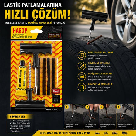 Hasuba HS-350 Tubeless Lastik Tamir ve Yama Seti 6'lı- 10'li Paket