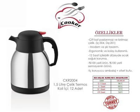 Cooker CKR-2004 Inox 304 Çelik Termos 1.5 lt - 12 Saat Sıcak 24 Saat Soğuk Çift Contalı Kapak