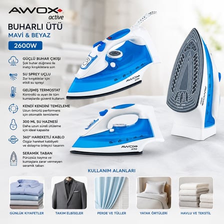Awox Active Buharlı Ütü 2600W - Seramik Taban, 360° Hareketli Kablo, Mavi Beyaz