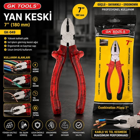 GK Tools Yan Keski 7 İnç 180 mm - Kırmızı Şeffaf Saplı- 6'li Paket