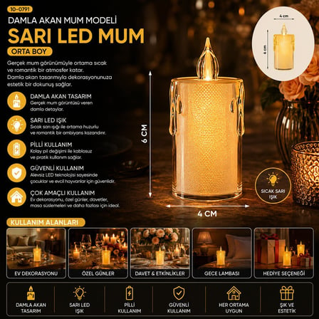 Smokeless Candle Yakut-9458 Orta Boy Damlalı Akan Mum Modeli Pilli LED Mum- 24'li Paket
