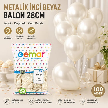 Gemar GM-110-28 Metalik İnci Beyaz Balon - 11 İnç 28 cm 100'lü Paket