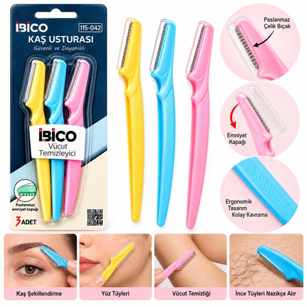İbico İ15-042 Kaş Usturası 3'lü - Renkli Plastik Saplı- 12'li Paket