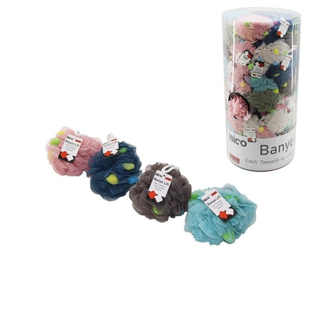 İbico İ21-093 Mini Kalp Süngerli Banyo Lifi - Renkli Tül Örgü 30 gr PVC Standlı- 100'li Paket