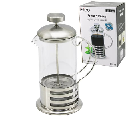 İbico İ22-346 French Press 800 ml - Cam Gövde, Metal Kafes ve Metal Kapak
