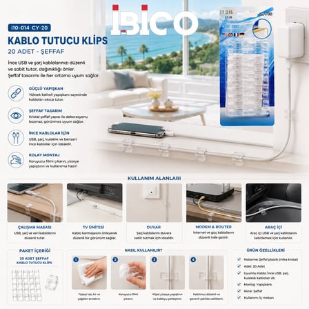 İbico İ10-014 CY-20 İnce Kablo Tutucu Klips - Yapışkanlı Şeffaf Plastik 20 Adet- 20'li Paket