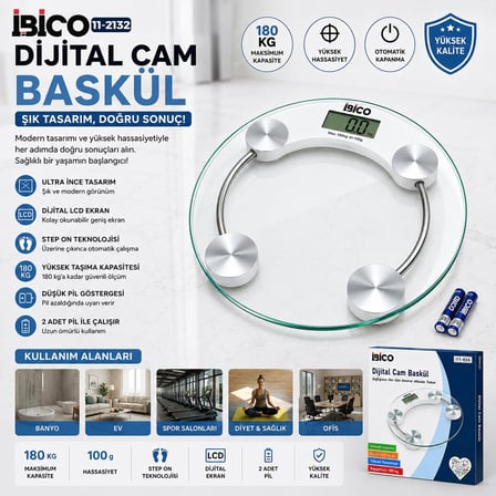 İbico İ11-026 Yuvarlak Cam Dijital Banyo Baskülü - LCD Ekran, 180 kg / 0.1 g, 30x30 cm