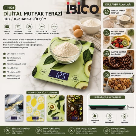İbico İ11-028 Cam Mutfak Tartısı - LCD Ekran, 5 kg / 1 gr, Pilli