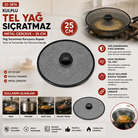 İbico İ22-418 Kulplu Tel Yağ Sıçratmaz - 25 cm Metal Çerçeveli- 12'li Paket