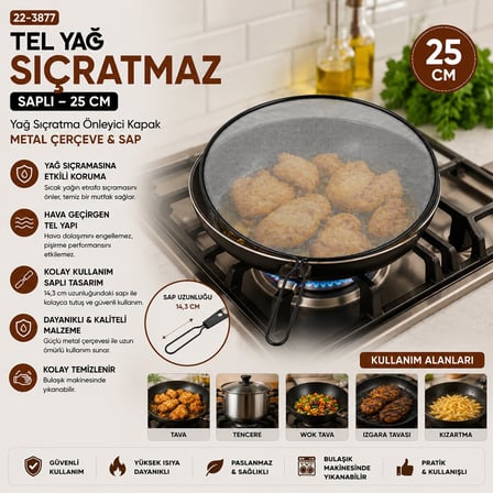 İbico İ22-421 Saplı Tel Yağ Sıçratmaz - 25 cm Siyah Metal Çerçeveli 14 cm Sap- 12'li Paket