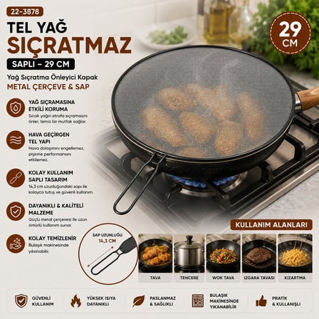 İbico İ22-422 Saplı Tel Yağ Sıçratmaz - 29 cm Siyah Metal Çerçeveli 14 cm Sap- 12'li Paket