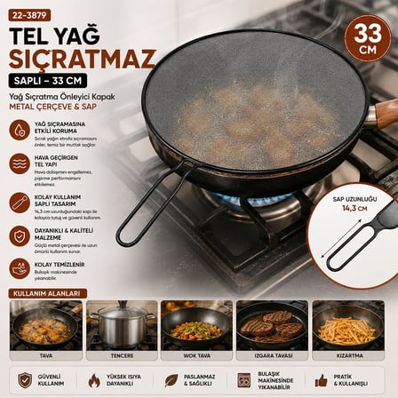 İbico İ22-423 Saplı Tel Yağ Sıçratmaz - 33 cm Siyah Metal Çerçeveli 14 cm Sap- 12'li Paket