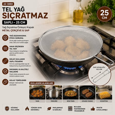 İbico İ22-424 Lux Krom Saplı Tel Yağ Sıçratmaz - 25 cm Metal Çerçeveli 17 cm Sap- 12'li Paket