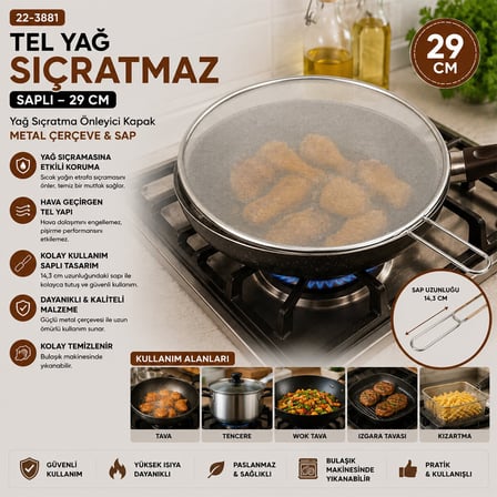 İbico İ22-425 Lux Krom Saplı Tel Yağ Sıçratmaz - 29 cm Metal Çerçeveli 17 cm Sap- 12'li Paket