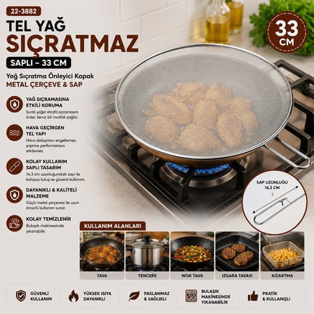İbico İ22-426 Lux Krom Saplı Tel Yağ Sıçratmaz - 33 cm Metal Çerçeveli 17 cm Sap- 12'li Paket