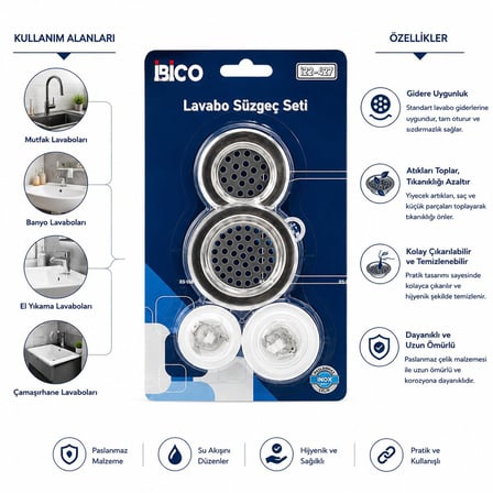 İbico İ22-427 Lavabo Süzgeç ve Tıpa Seti - 4 Parça 2 Boy Süzgeç ve 2 Boy Plastik Tıpa- 12'li Paket