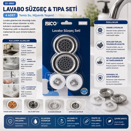 İbico İ22-427 Lavabo Süzgeç ve Tıpa Seti - 4 Parça 2 Boy Süzgeç ve 2 Boy Plastik Tıpa- 12'li Paket