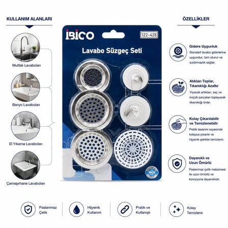İbico İ22-428 Lavabo Süzgeç ve Tıpa Seti - 6 Parça 3 Metal 1 Plastik Süzgeç 2 Plastik Tıpa- 12'li Pa