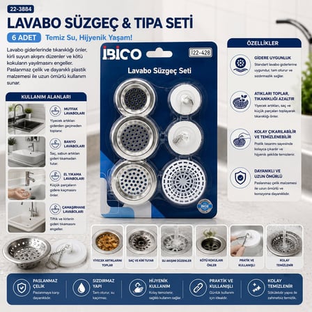 İbico İ22-428 Lavabo Süzgeç ve Tıpa Seti - 6 Parça 3 Metal 1 Plastik Süzgeç 2 Plastik Tıpa- 12'li Pa