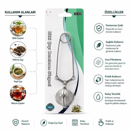 İbico İ22-430 Maşalı Çay Demleme Süzgeci - Paslanmaz Çelik 5 cm Çap- 12'li Paket