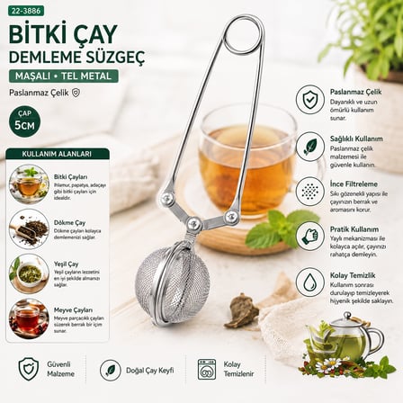 İbico İ22-430 Maşalı Çay Demleme Süzgeci - Paslanmaz Çelik 5 cm Çap- 12'li Paket