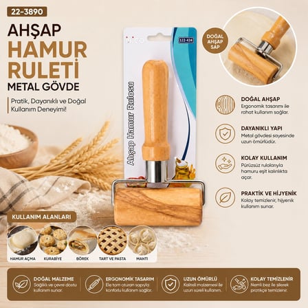 İbico İ22-434 Lux Ahşap Saplı Hamur Açma Ruleti - Metal Gövde- 12'li Paket