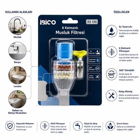 İbico İ13-135 Musluk Ucu Filtresi - 6 Katmanlı Taşlı, 360°, 16-19 mm, Kireçlenme Yapmaz- 12'li Paket