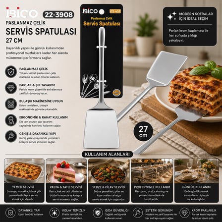 İbico İ22-452 Krom Metal Servis Spatulası - 27 cm- 12'li Paket