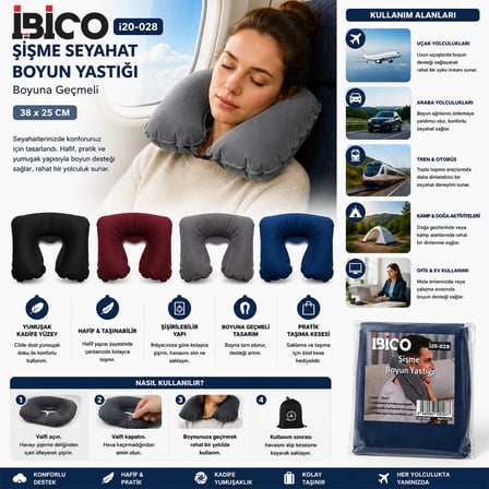 İbico İ20-028 Şişme Seyahat Boyun Yastığı 38x25 cm - Renkli Boyuna Geçmeli- 20'li Paket