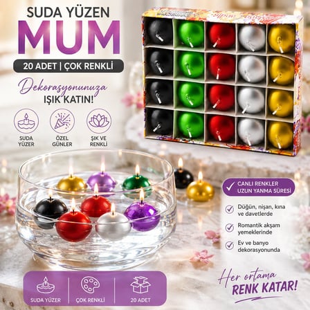 Barotti DMR-9694 Suda Yüzen Mum - 20 Adet Beyaz ve Renkli