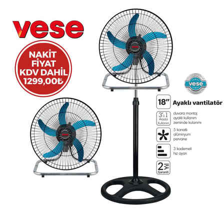 Vese VNT-003 Sanayi Tipi Ayaklı Vantilatör 18 inç 46 cm - 5 Metal Kanat 3 Kademe 80W- 3'li Paket