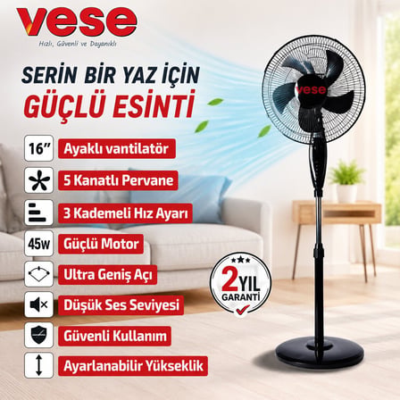 Vese VNT-004 Ev Tipi Ayaklı Vantilatör 16 inç - 45W 5 Plastik Pervane 3 Kademe