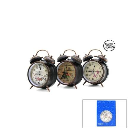 Twin Bell Alarm Clock BGC-45 Yuvarlak Masa Çalar Saat - Metal Eskitme Desenli Kasa, Pilli ve Işıklı,